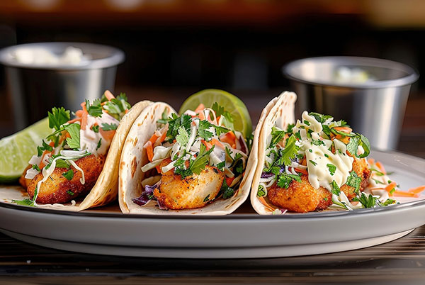 Close up of a fried walleye fish taco with lettuce, salsa, onion, tomato and sauce and shallow depth of field