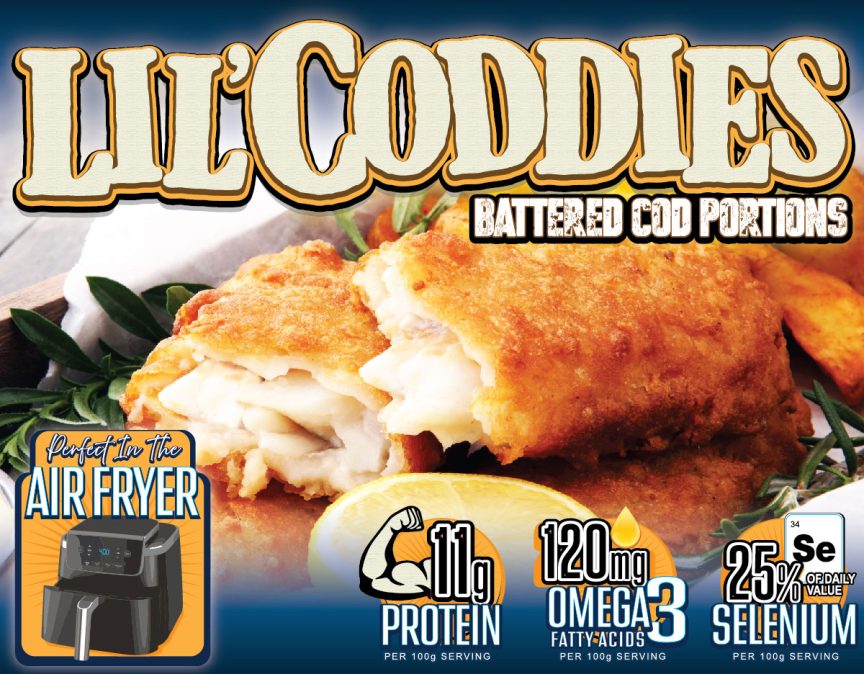 Lil' Coddies - Battered Cod Portions - Perfect in the Air Fryer - 11g Protein per 100g serving - 120mg Omega 3 Fatty Acids per 100g serving - 25% of daily value Selenium per 100g serving