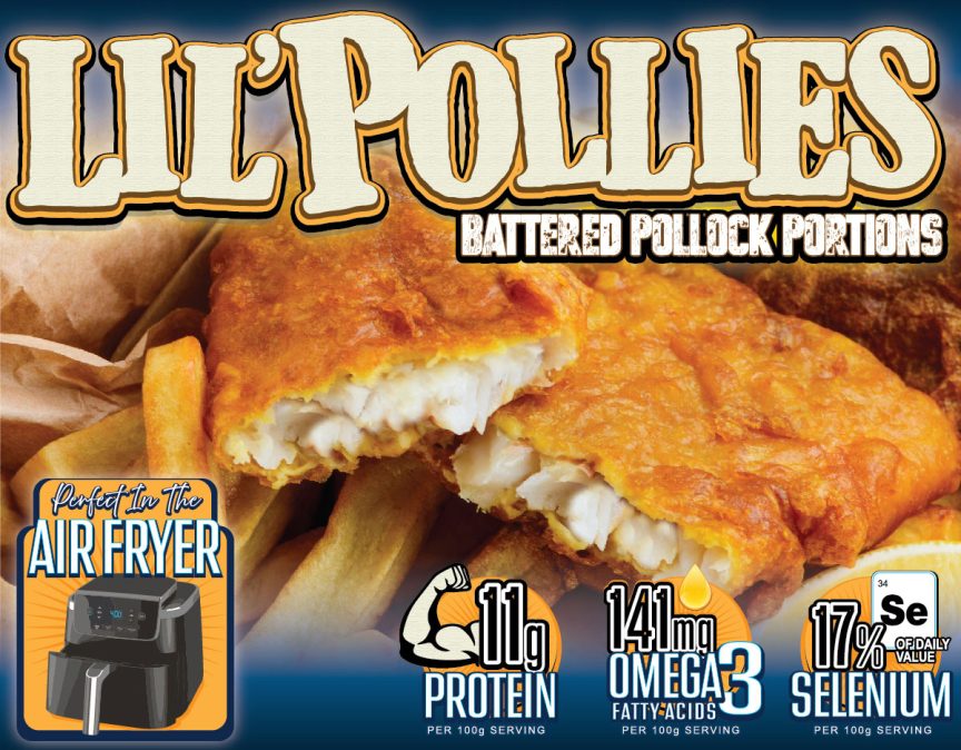 Lil' Pollies - Battered Pollock Portions - Perfect in the Air Fryer - 11g Protein per 100g serving - 141mg Omega 3 Fatty Acids per 100g serving - 17% of daily value Selenium per 100g serving